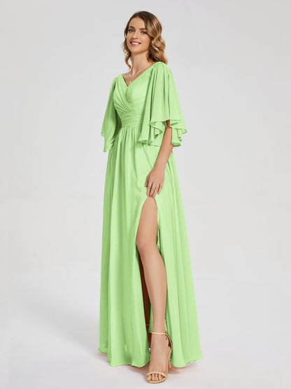 Giselle V-neck Half Sleeves Slit Bridesmaid Dress