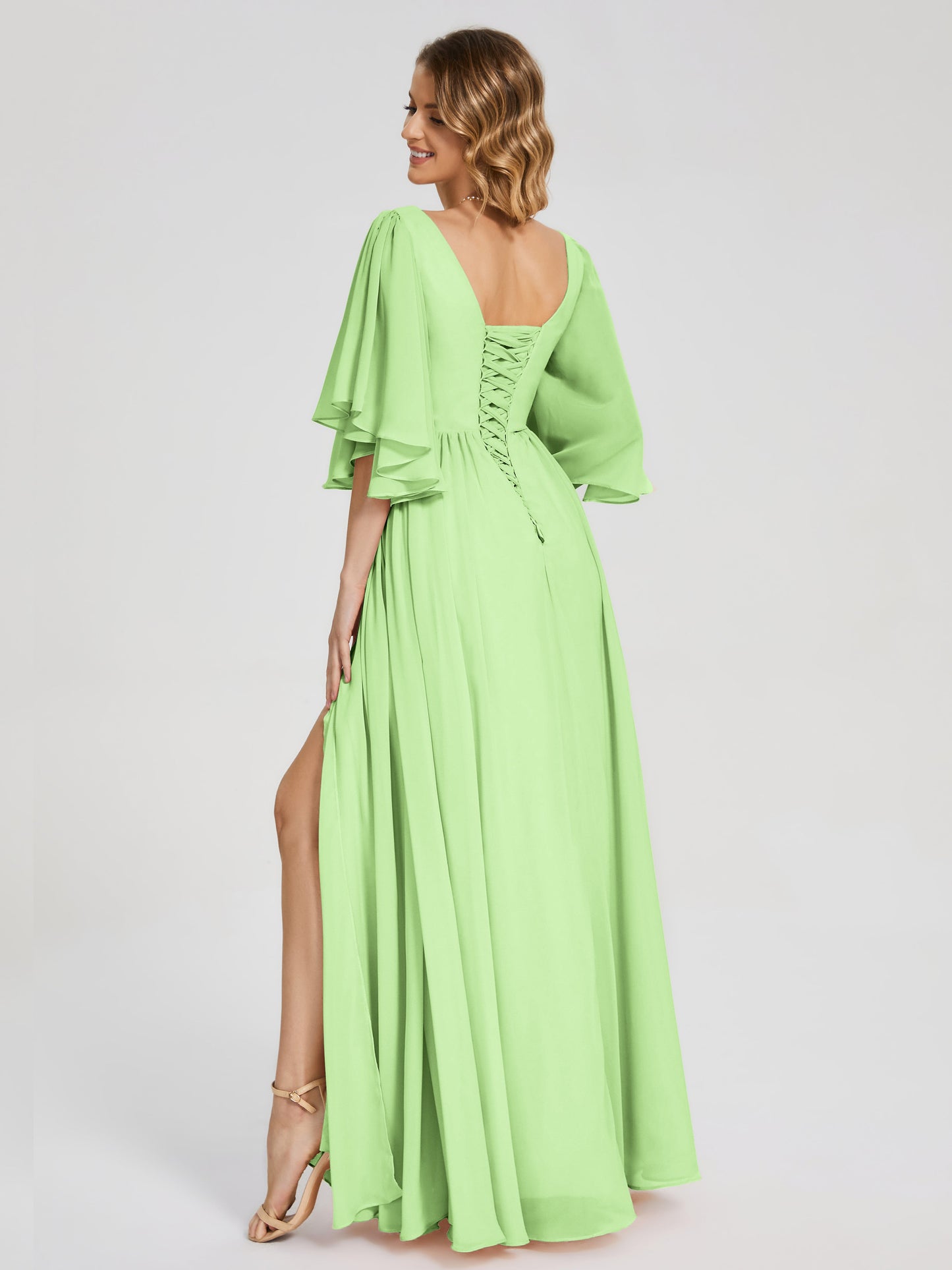 Giselle V-neck Half Sleeves Slit Bridesmaid Dress