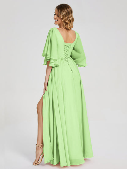 Giselle V-neck Half Sleeves Slit Bridesmaid Dress