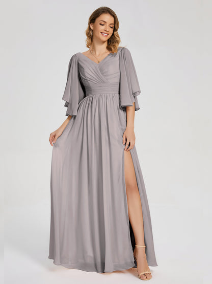 Giselle V-neck Half Sleeves Slit Bridesmaid Dress