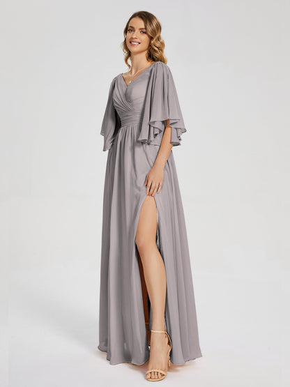Giselle V-neck Half Sleeves Slit Bridesmaid Dress