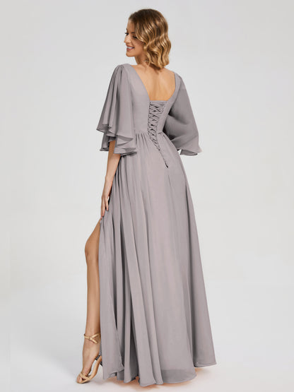 Giselle V-neck Half Sleeves Slit Bridesmaid Dress