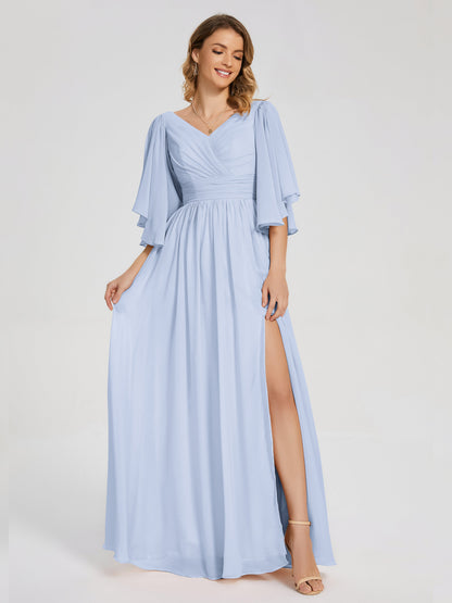 Giselle V-neck Half Sleeves Slit Bridesmaid Dress