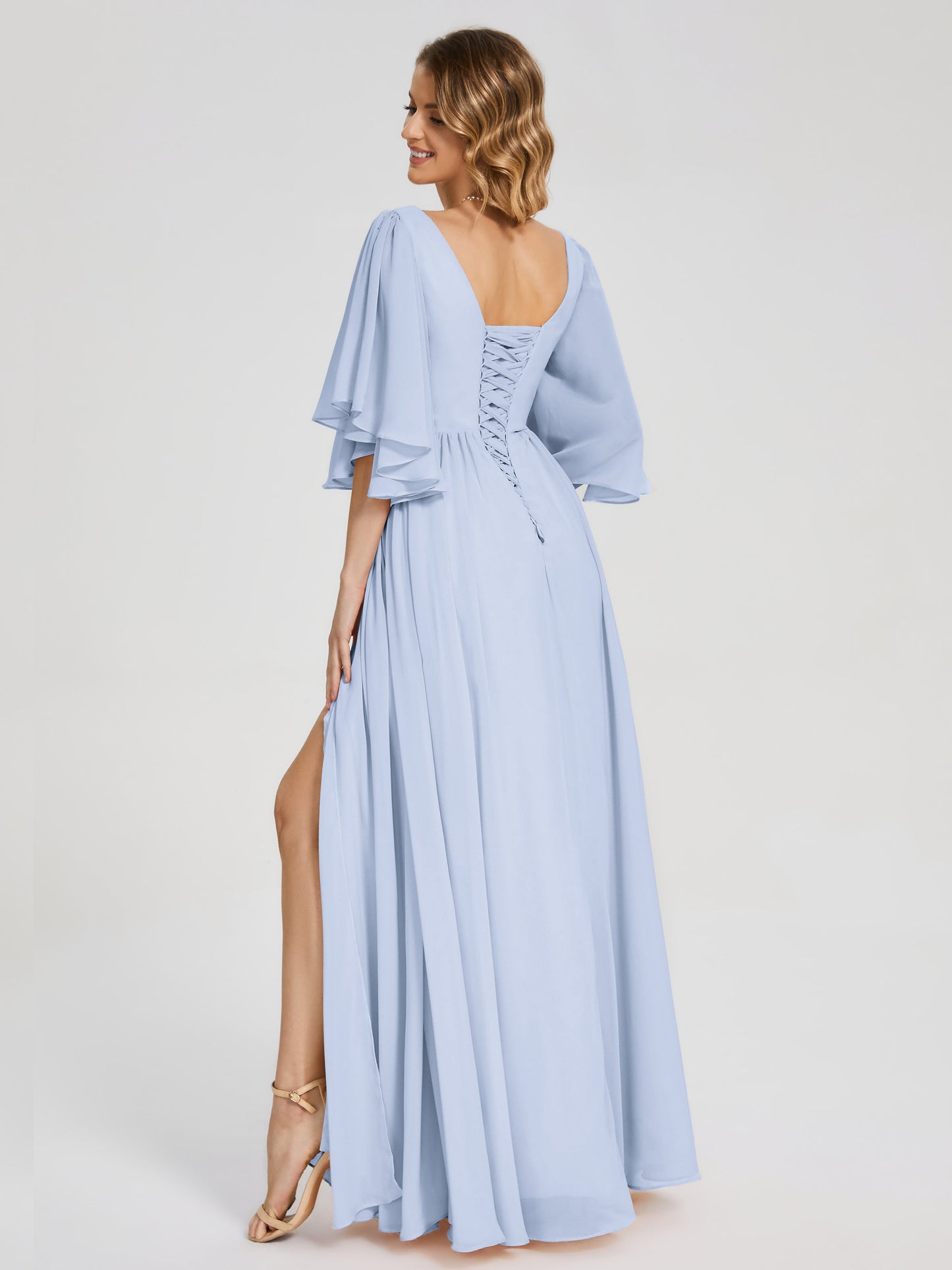 Giselle V-neck Half Sleeves Slit Bridesmaid Dress