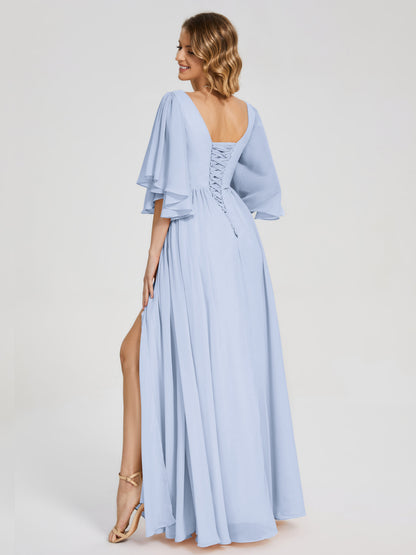 Giselle V-neck Half Sleeves Slit Bridesmaid Dress