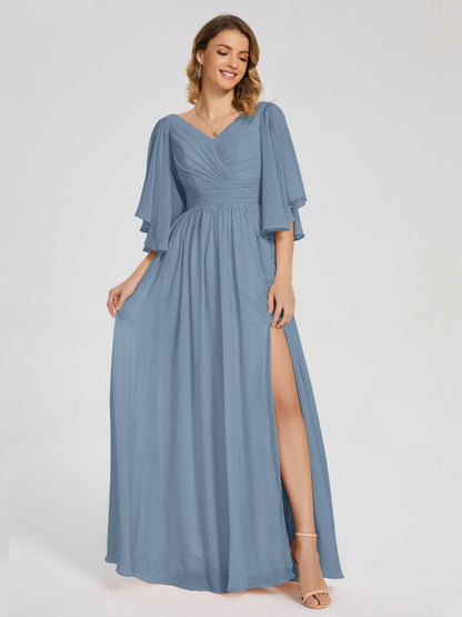 Giselle V-neck Half Sleeves Slit Bridesmaid Dress