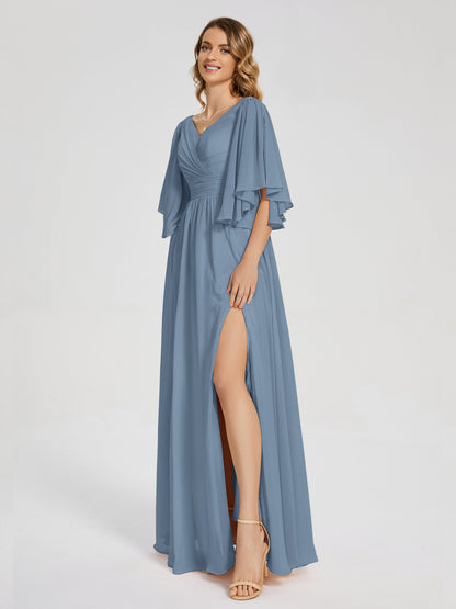 Giselle V-neck Half Sleeves Slit Bridesmaid Dress