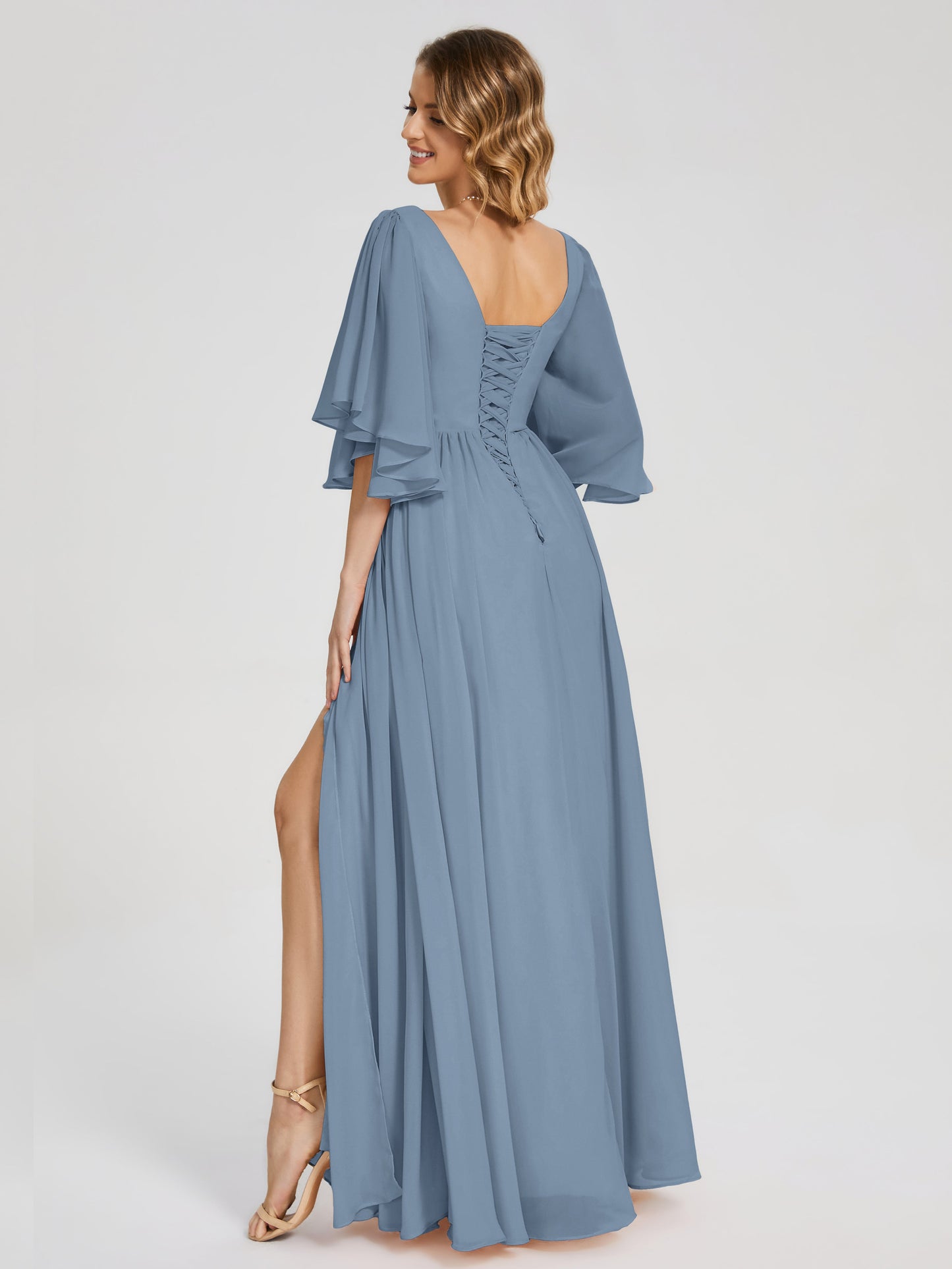 Giselle V-neck Half Sleeves Slit Bridesmaid Dress