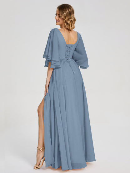 Giselle V-neck Half Sleeves Slit Bridesmaid Dress