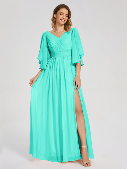 Giselle V-neck Half Sleeves Slit Bridesmaid Dress