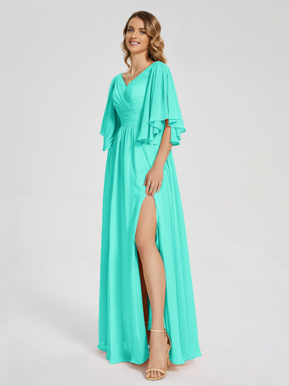 Giselle V-neck Half Sleeves Slit Bridesmaid Dress
