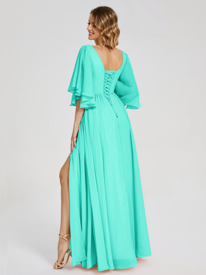 Giselle V-neck Half Sleeves Slit Bridesmaid Dress