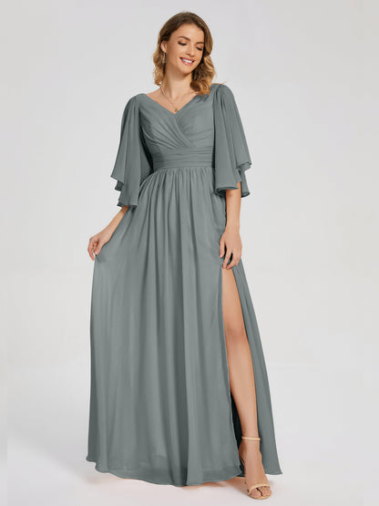 Giselle V-neck Half Sleeves Slit Bridesmaid Dress