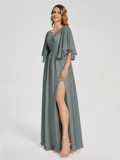 Giselle V-neck Half Sleeves Slit Bridesmaid Dress