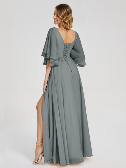 Giselle V-neck Half Sleeves Slit Bridesmaid Dress