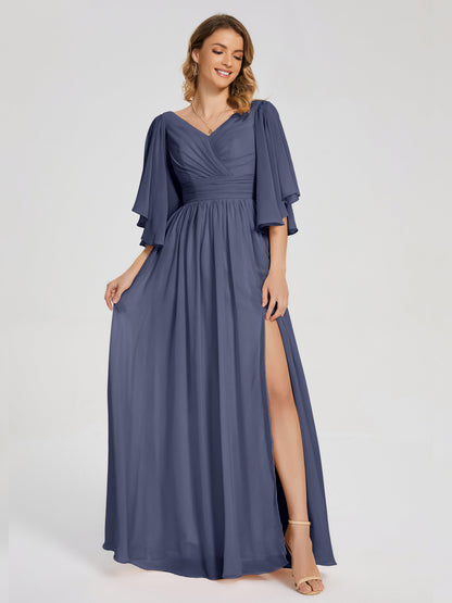 Giselle V-neck Half Sleeves Slit Bridesmaid Dress