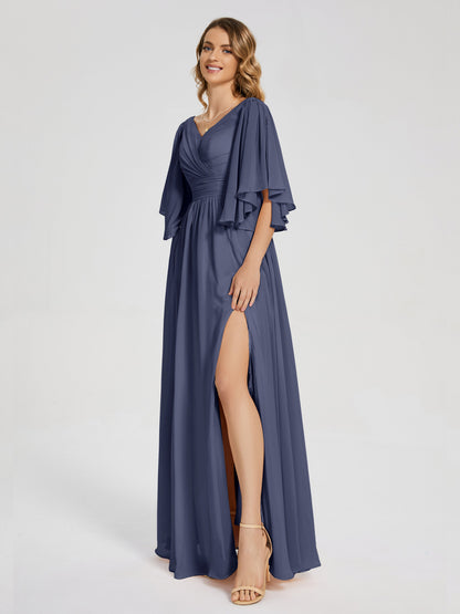 Giselle V-neck Half Sleeves Slit Bridesmaid Dress