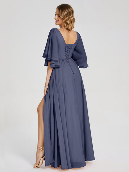 Giselle V-neck Half Sleeves Slit Bridesmaid Dress