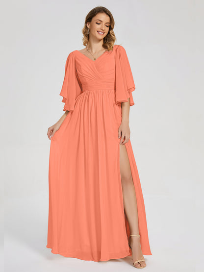 Giselle V-neck Half Sleeves Slit Bridesmaid Dress