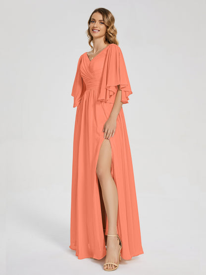 Giselle V-neck Half Sleeves Slit Bridesmaid Dress