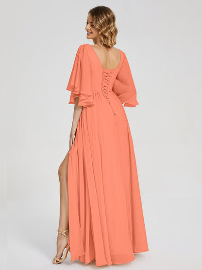 Giselle V-neck Half Sleeves Slit Bridesmaid Dress