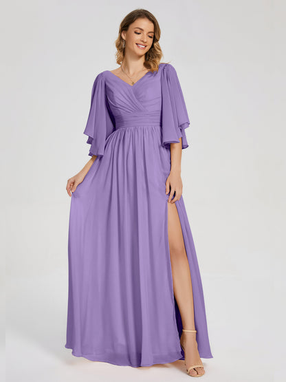 Giselle V-neck Half Sleeves Slit Bridesmaid Dress