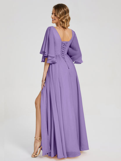 Giselle V-neck Half Sleeves Slit Bridesmaid Dress