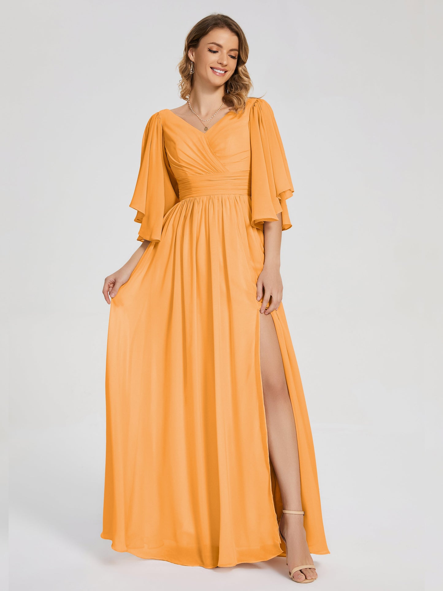 Giselle V-neck Half Sleeves Slit Bridesmaid Dress