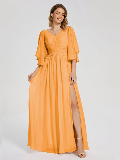 Giselle V-neck Half Sleeves Slit Bridesmaid Dress