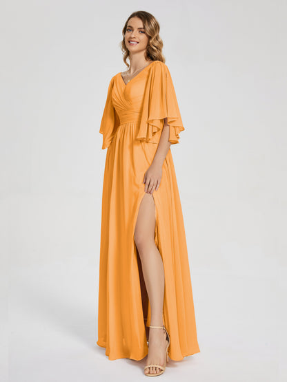 Giselle V-neck Half Sleeves Slit Bridesmaid Dress
