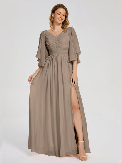 Giselle V-neck Half Sleeves Slit Bridesmaid Dress