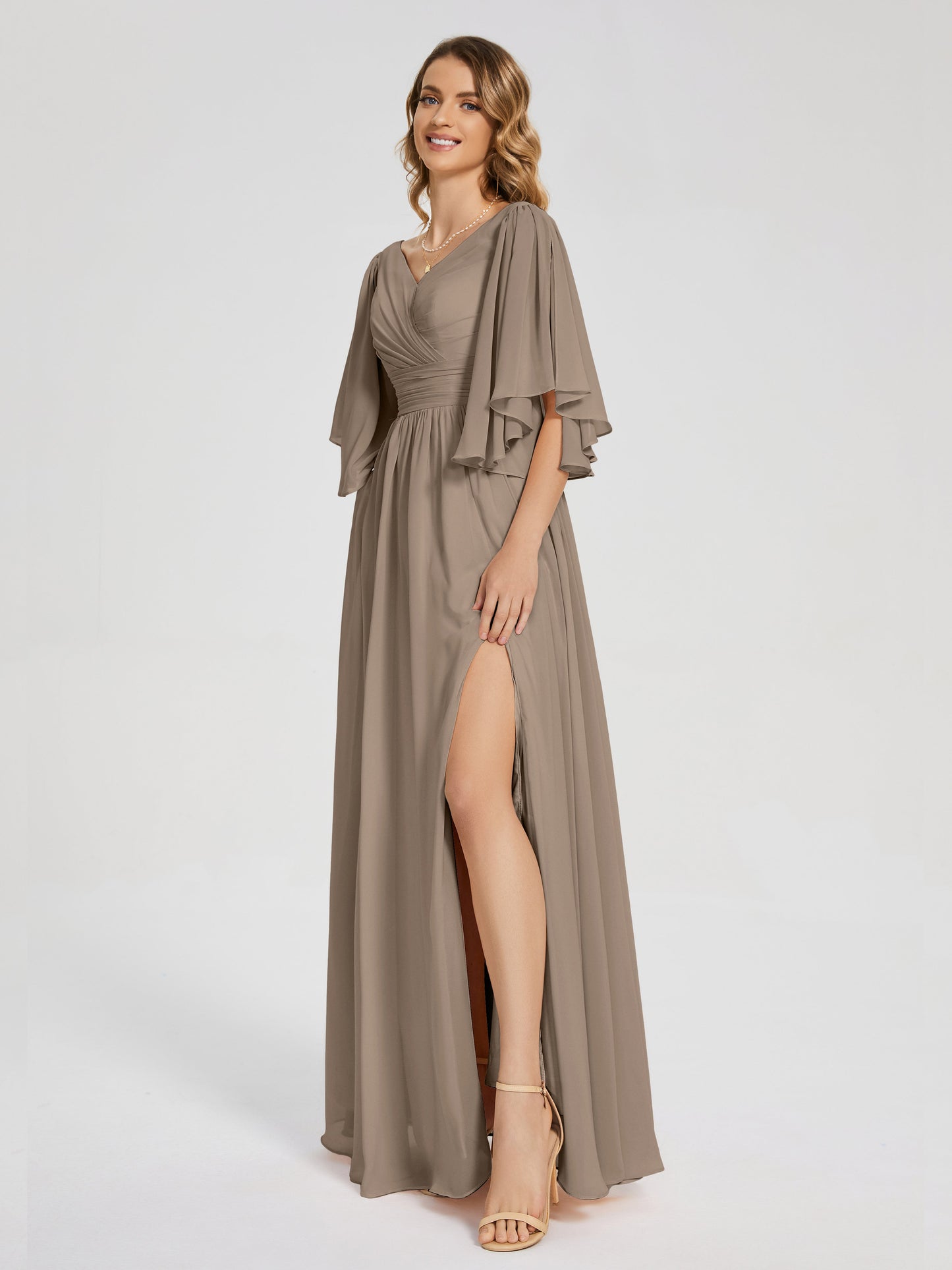 Giselle V-neck Half Sleeves Slit Bridesmaid Dress
