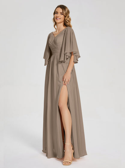 Giselle V-neck Half Sleeves Slit Bridesmaid Dress