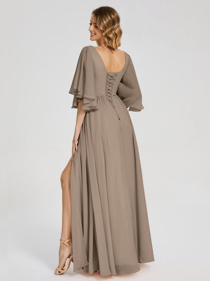 Giselle V-neck Half Sleeves Slit Bridesmaid Dress
