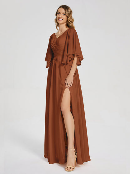 Giselle V-neck Half Sleeves Slit Bridesmaid Dress
