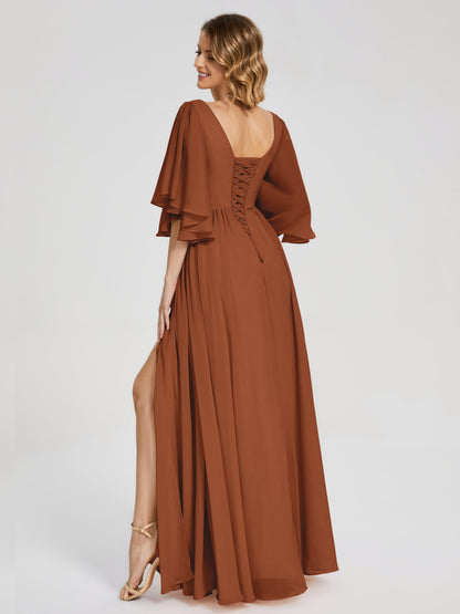 Giselle V-neck Half Sleeves Slit Bridesmaid Dress