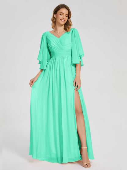 Giselle V-neck Half Sleeves Slit Bridesmaid Dress