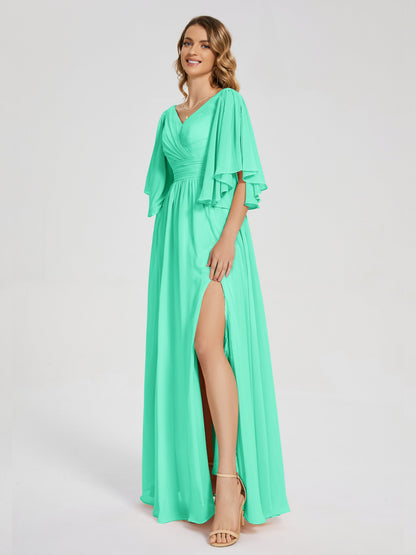 Giselle V-neck Half Sleeves Slit Bridesmaid Dress