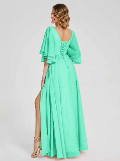 Giselle V-neck Half Sleeves Slit Bridesmaid Dress