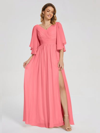 Giselle V-neck Half Sleeves Slit Bridesmaid Dress