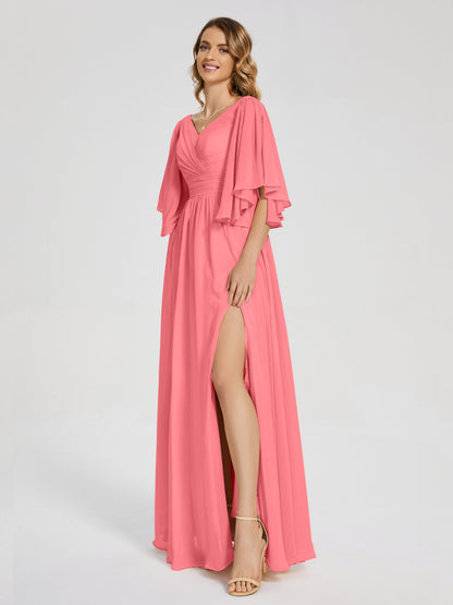 Giselle V-neck Half Sleeves Slit Bridesmaid Dress