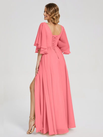 Giselle V-neck Half Sleeves Slit Bridesmaid Dress
