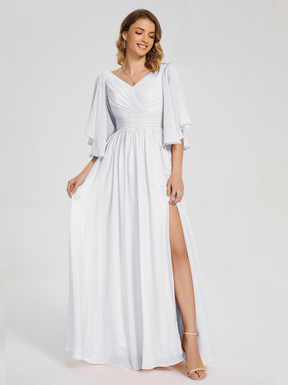 Giselle V-neck Half Sleeves Slit Bridesmaid Dress