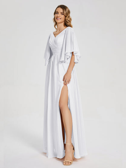 Giselle V-neck Half Sleeves Slit Bridesmaid Dress