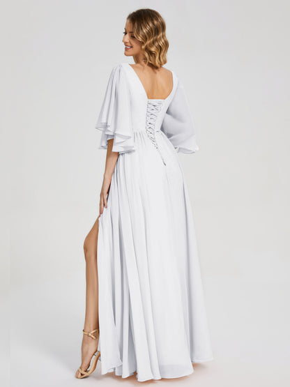 Giselle V-neck Half Sleeves Slit Bridesmaid Dress