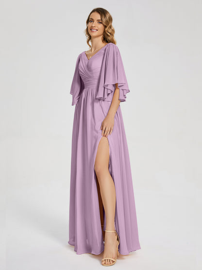 Giselle V-neck Half Sleeves Slit Bridesmaid Dress