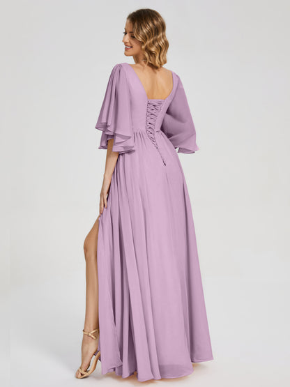 Giselle V-neck Half Sleeves Slit Bridesmaid Dress