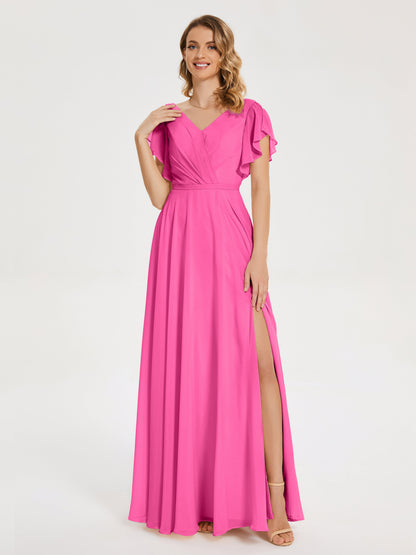 Kate V-neck Pleats Chiffon Bridesmaid Dress with Ruffles