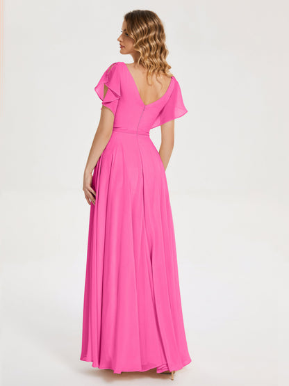 Kate V-neck Pleats Chiffon Bridesmaid Dress with Ruffles