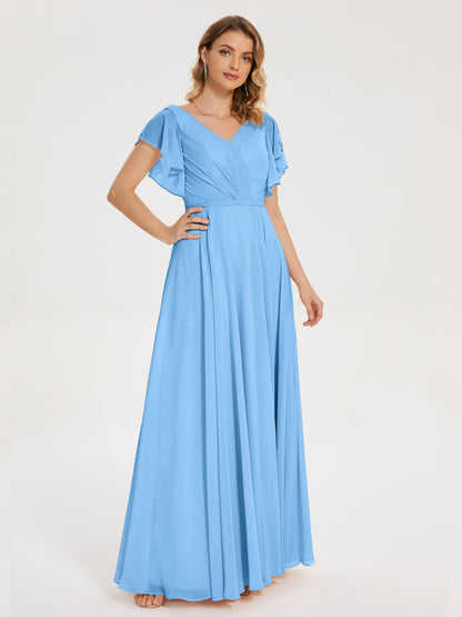 Kate V-neck Pleats Chiffon Bridesmaid Dress with Ruffles